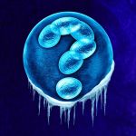 Frozen embryo concept and genetic and legal questions as a social issue or medical health care idea with a fertilized human egg embryo and dividing cells in the shape of a question mark as a symbol for fertility DNA and gene related issues.